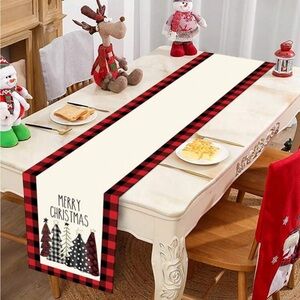 Christmas holiday black and red checkered Christmas tree pattern table runner